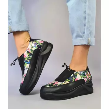 Pantofi casual Piele Naturala Negri cu imprimeu floral Dora